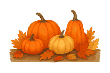 Orange and yellow pumpkins with colorful autumn leaves on a rustic wooden plank