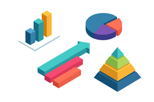Isometric infographic set with bar chart, pie graph, and layered pyramid diagram