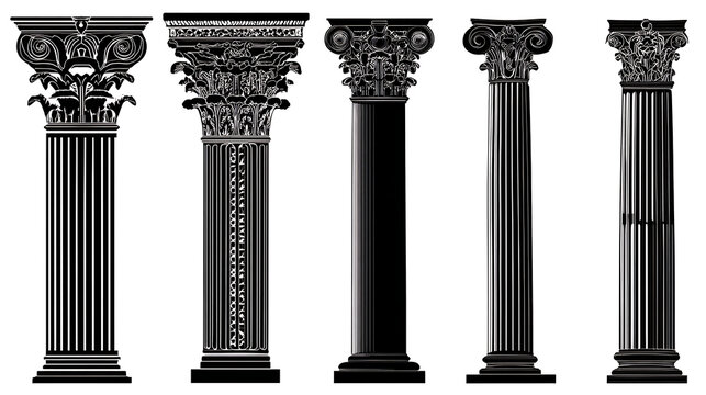 Five black silhouette architectural columns with ornate capitals and fluted shafts classical ancient