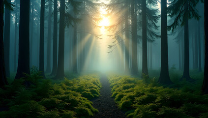Obraz premium Enchanted Forest Path with Dramatic Sun Rays and Morning Mist