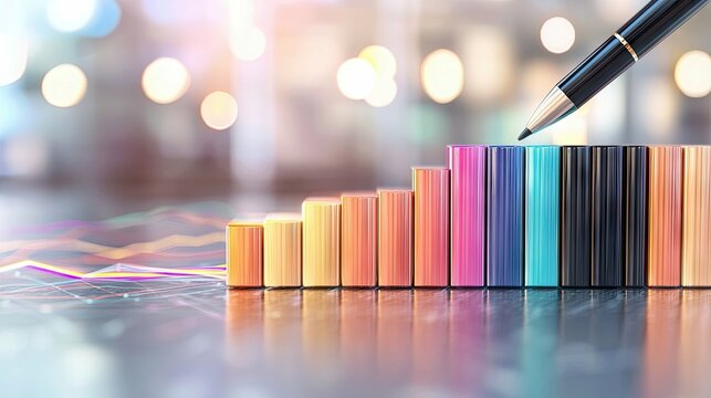 A pen hovers over a colorful bar graph, symbolizing financial growth, data analysis, and strategic planning.