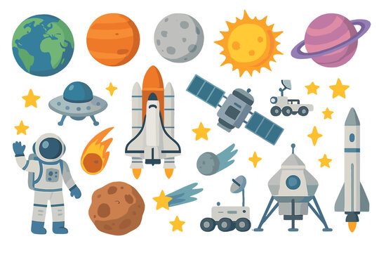 Cartoon space exploration set with planets, astronaut, shuttle, satellite, and lunar rover