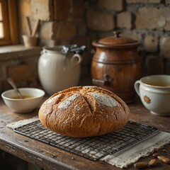 Fresh bread with ceramic jugs on table, warm rustic kitchen scene with soft light