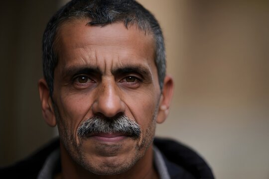 Intense Portrait of a Middle-Aged Man with a Mustache - Powered by Adobe