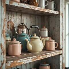 Pastel teapots on rustic shelf, cozy kitchen decor with vintage charm and warmth