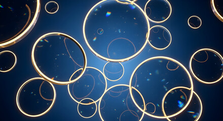 Abstract Background of Glowing Golden Circles and Particles on a Dark Blue Field