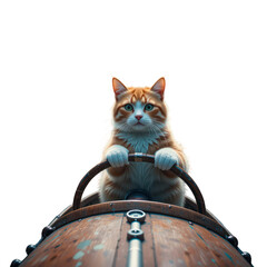 Cat in blue outfit sitting on kettle, playful kitchen moment with clean white styl