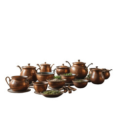 Copper teapots lined on white backdrop, elegant product display with vintage shine
