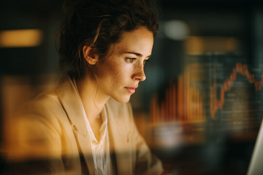 Focused young professional analyzing financial data on a laptop with stock charts reflected on glass — modern businesswoman working late in a warm office