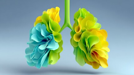 Colorful paper lungs illustration, showcasing vibrant blue and yellow floral shapes, symbolizing health and vitality, set against a soft gradient background, representing creativity and artistic expre