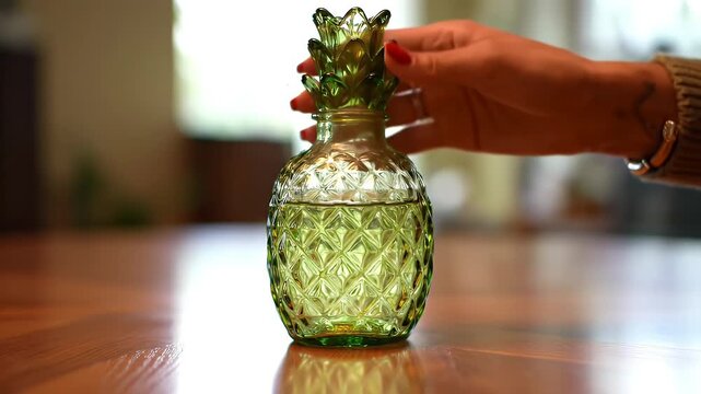 Green crystal-tinted vintage perfume bottle with ornate crown-like stopper on a polished wooden table