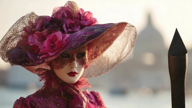 Elegant Venetian Masked Woman with ornate hat and costume in Venice
