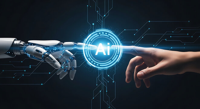 The Convergence A Human Hand Reaching Out to Touch the Glowing AI of a Robot in a Symbolic Gesture of Technological - Powered by Adobe