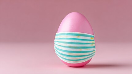 Pink Easter egg wearing a striped medical mask, placed on a soft pink background, symbolizing health awareness and festive celebration during challenging times
