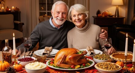 Happy senior man and woman together at Thanksgiving dinner with roasted turkey. Autumn harvest feast concept for holiday celebration.