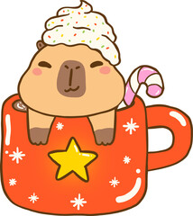 Kawaii Christmas Capybara in Mug with Whipped Cream Cartoon Hand Drawn
