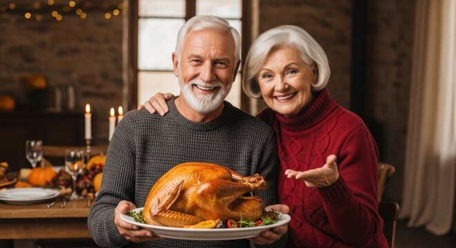 Senior man and woman holding a roasted turkey for Thanksgiving dinner. Happy elderly couple celebrating a festive family meal. - Powered by Adobe