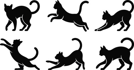 Black cat silhouettes in various dynamic poses arranged around a central circle