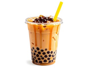 Refreshing bubble tea drink with tapioca pearls and caramel drizzle on white