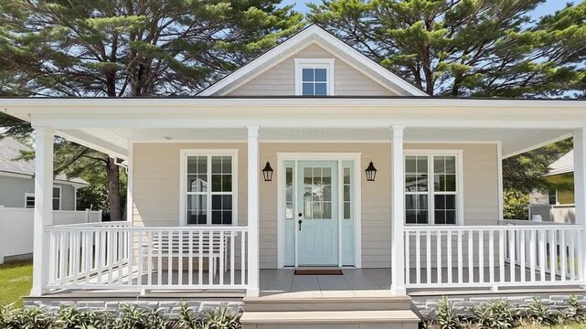 Beige Bungalow With White Porch And Pine Trees