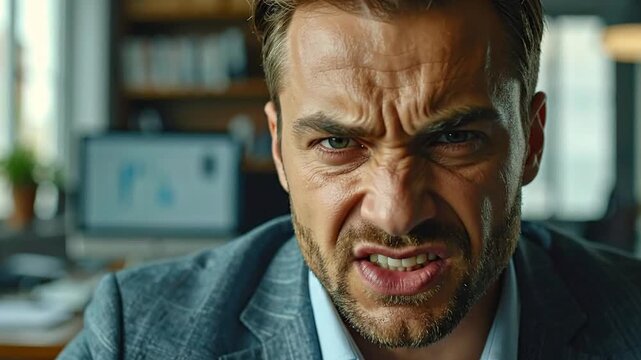 Close up of an angry businessman with furrowed brow and clenched teeth in a suit, experiencing stress and frustration