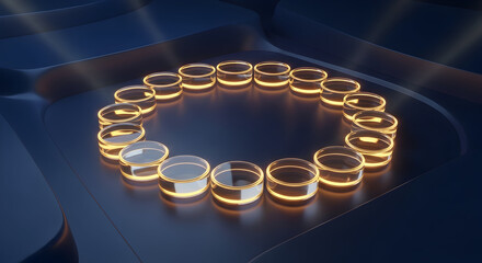 Abstract glowing ring formation in a circle on a dark blue textured background, futuristic and technological concept.