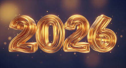 Bold three-dimensional golden numbers 2026 with textured surface and glowing highlights, Happy New Year celebration.