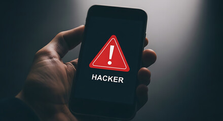 Hand holding phone with hacker alert red warning triangle and digital threat message on screen cybersecurity concerns