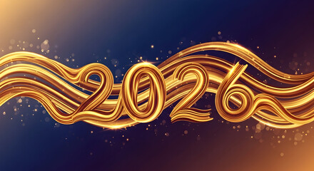 Happy New Year 2026. Luxurious golden flowing abstract lines and text on a gradient dark blue and gold background.