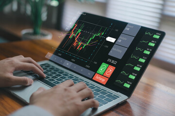 A trader analyzing real-time financial charts on a laptop, representing online trading, stock market analysis, investment strategy, and digital finance technology for modern market decision-making.