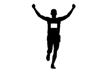 Triumphant runner silhouette raising arms in victory after crossing the finish line