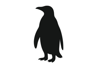 Black silhouette of a standing penguin isolated on white background, side view
