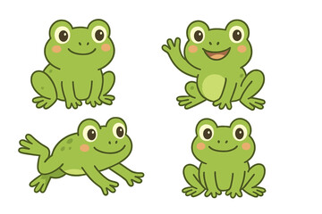 Adorable collection of green cartoon frogs in various playful poses and actions
