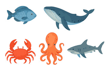 Cute ocean creatures set including whale, shark, octopus, crab, and fish