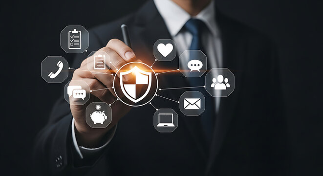 A Confident Business Professional Strategizes a Secure Future Connecting Vital Icons and Building Trust Through Advanced