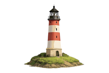 Striped lighthouse tower standing on a small grassy island isolated on white background © icon_art