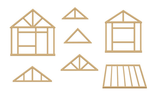 Set of wooden roof trusses and house framing components used in building structure