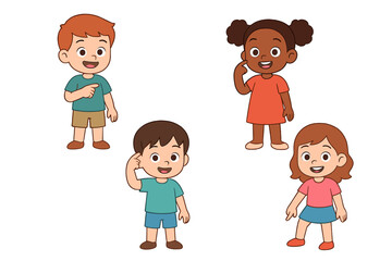 Diverse group of four happy elementary school children standing and gesturing playfully on white background