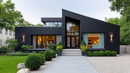 Modern architectural design of a striking black house featuring large windows, lush greenery, and a welcoming entrance, showcasing contemporary living and outdoor harmony