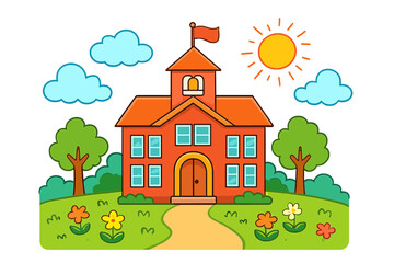 Colorful cartoon school building exterior on a grassy landscape with trees, flowers, and sunny sky