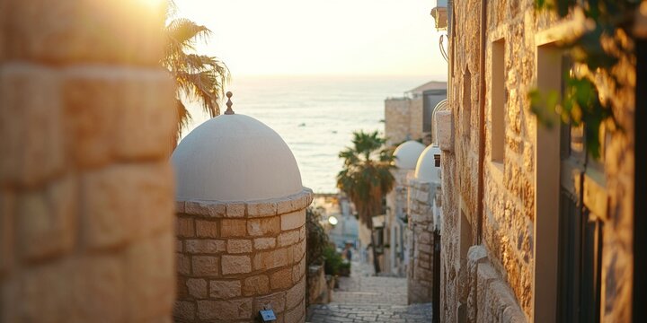 Jaffa, israel, narrow street leading to mediterranean sea at sunset with palm trees and white domes