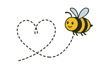 Adorable smiling bumblebee flying a dotted path forming a romantic heart shape