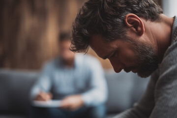 Man in therapy looking down in distress — closeup profile of a bearded adult confronting anxiety and depression during a counseling session