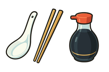 Common dining accessories for Asian food including spoon, chopsticks, and soy sauce bottle