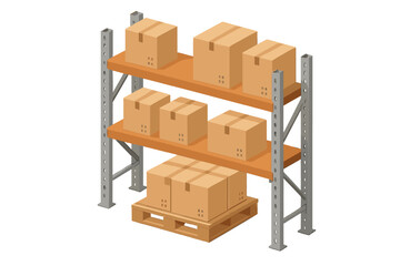 Industrial warehouse shelving unit stocked with sealed shipping boxes and packages on a wooden pallet