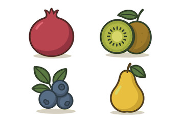 Colorful fresh fruits including pomegranate, sliced kiwi, ripe blueberries, and yellow pear