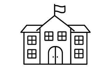 Minimalist black and white outline of a traditional school building with a flagpole and waving flag