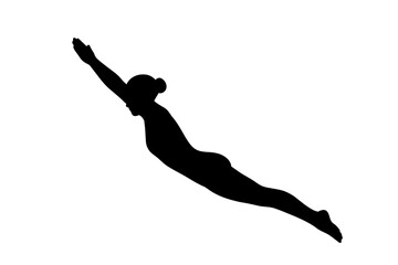 Black silhouette of a woman performing a dynamic dive or swimming motion