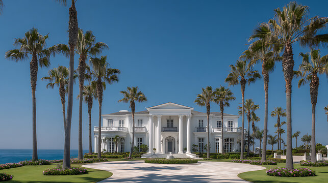 Grand white neoclassical mansion with palm trees and ocean view columns