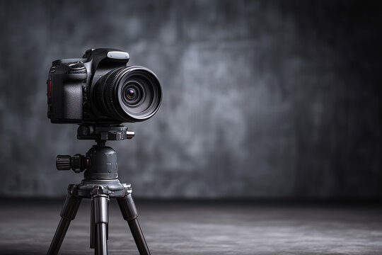 Professional DSLR camera on tripod in a minimalist studio — close-up of high-quality lens and camera gear against a moody gray backdrop for creative photography